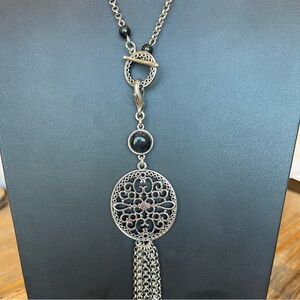 Lia Sophia Signed “Lyrical" Necklace Silver Tone Black Cabochon Tassel Toggle